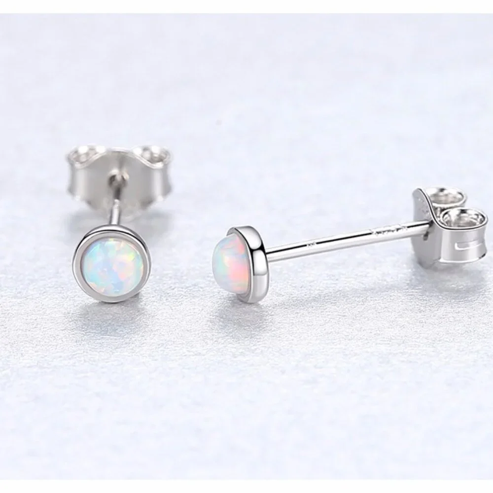 925 Sterling Silver 3mm Round  Opal Stud Earrings - Picture 4 of 5